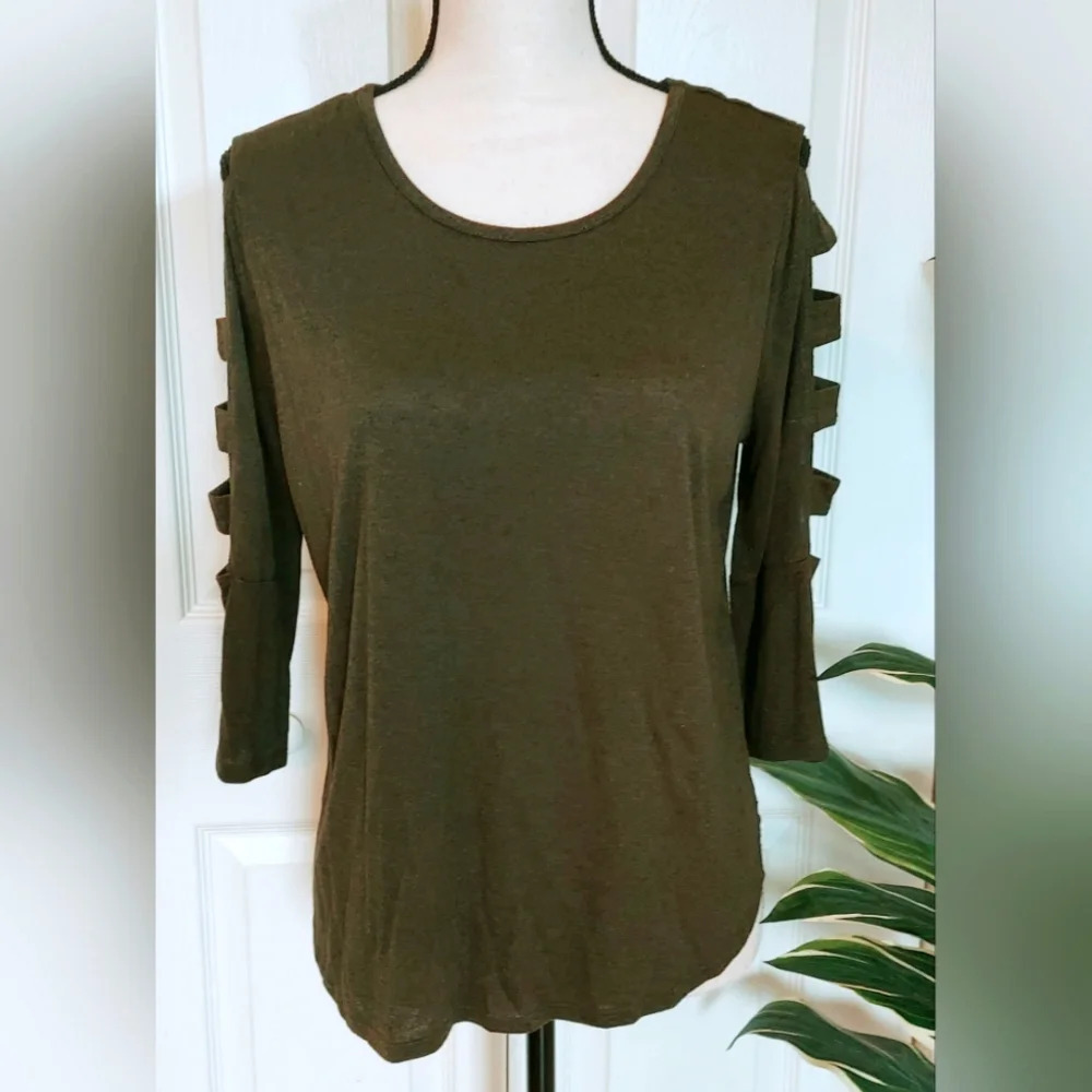 IZ BYER Women's Cut Out Sleeve Top | Color Olive Green | Size Large